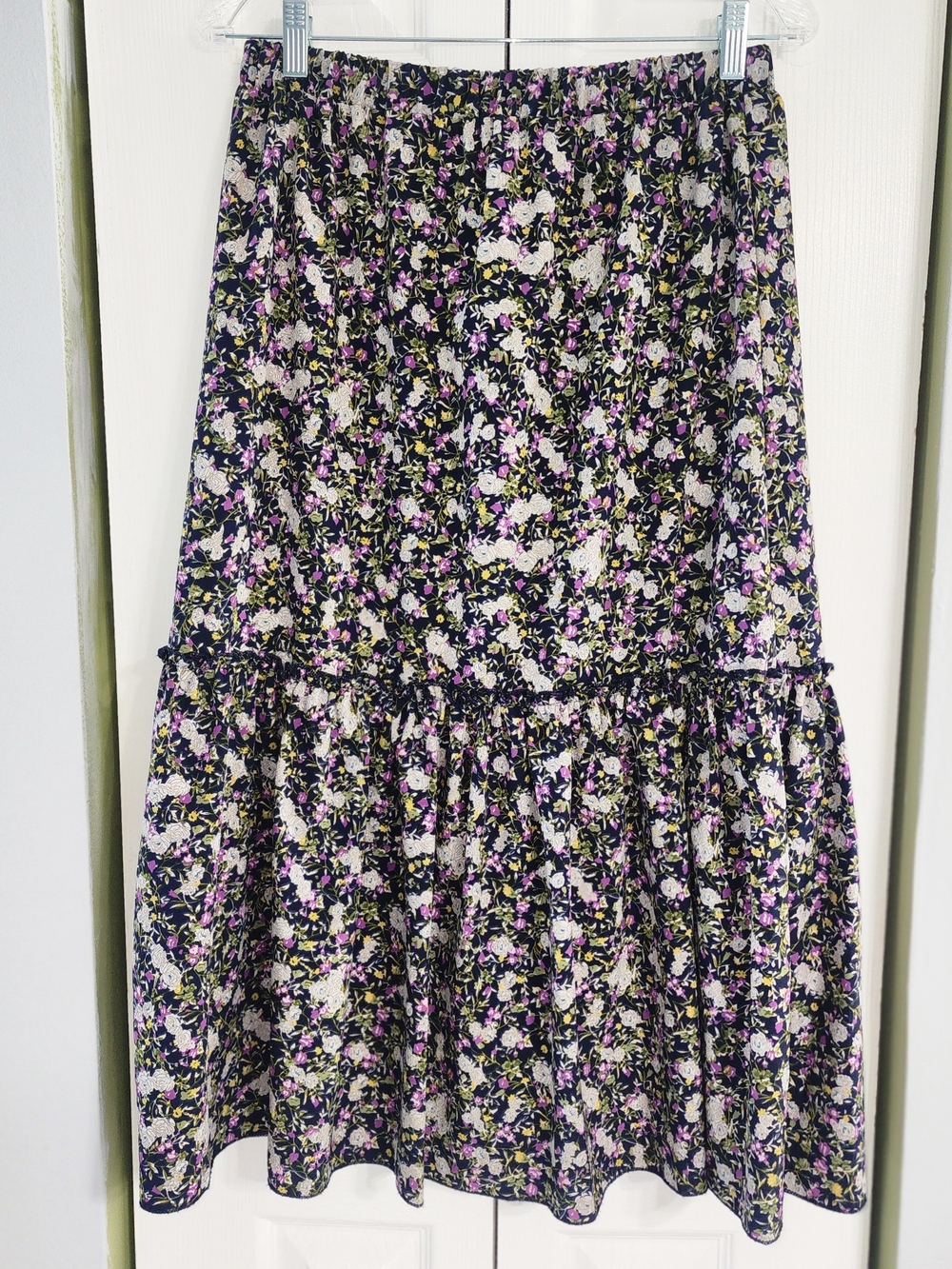 Boho Chic Black Floral Tiered Maxi Skirt with Pink & White Blooms
